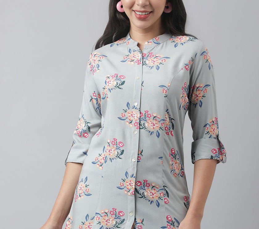 Divena Gray Floral Printed Rayon A-line Shirt Style Top - divena world