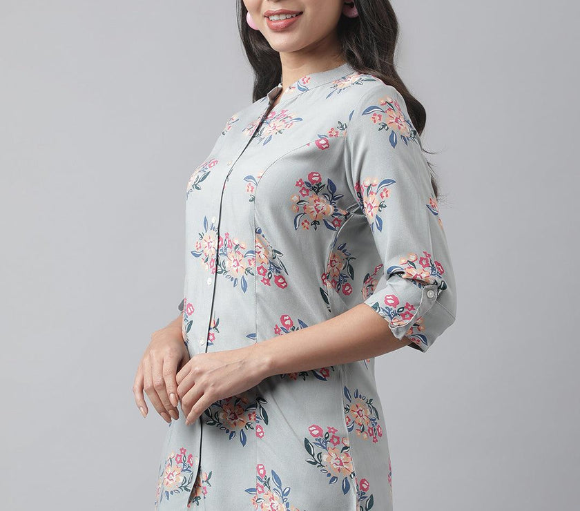 Divena Gray Floral Printed Rayon A-line Shirt Style Top - divena world