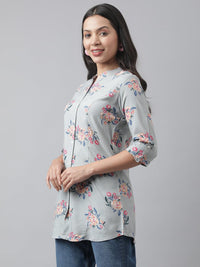 Divena Gray Floral Printed Rayon A-line Shirt Style Top - divena world