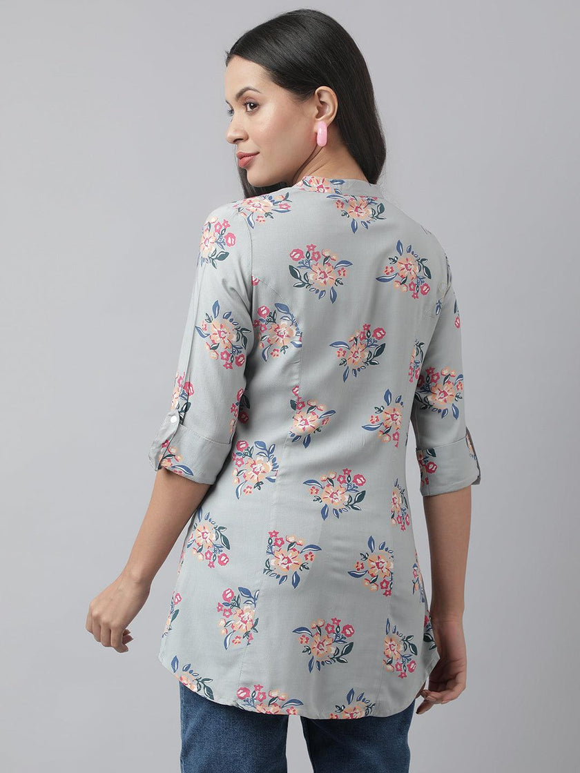 Divena Gray Floral Printed Rayon A-line Shirt Style Top - divena world