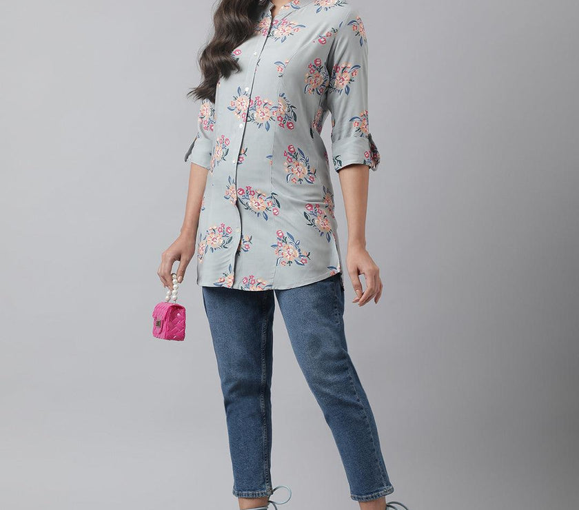 Divena Gray Floral Printed Rayon A-line Shirt Style Top - divena world