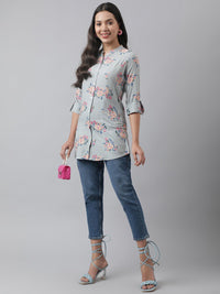 Divena Gray Floral Printed Rayon A-line Shirt Style Top - divena world