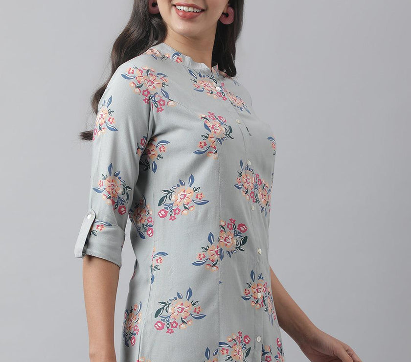 Divena Gray Floral Printed Rayon A-line Shirt Style Top - divena world