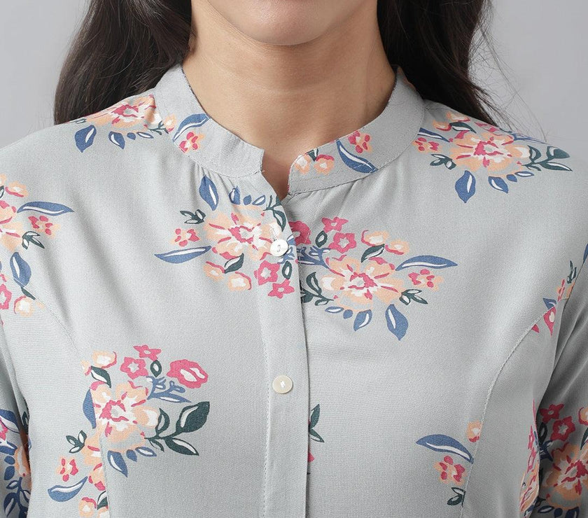 Divena Gray Floral Printed Rayon A-line Shirt Style Top - divena world