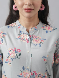 Divena Gray Floral Printed Rayon A-line Shirt Style Top - divena world