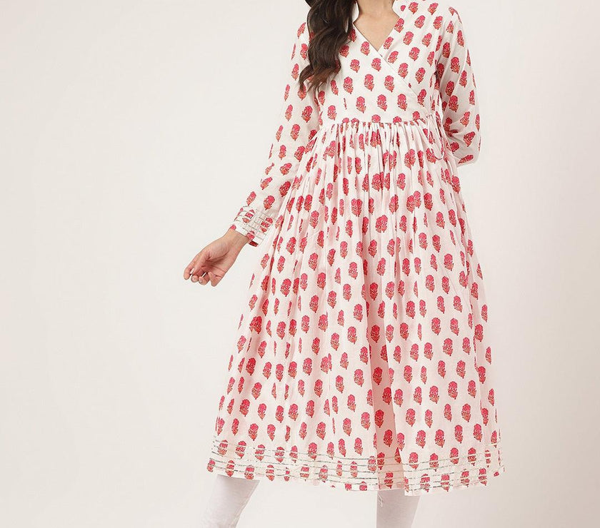 Divena White and Red Floral Printed Angarakha Kurta - divena world