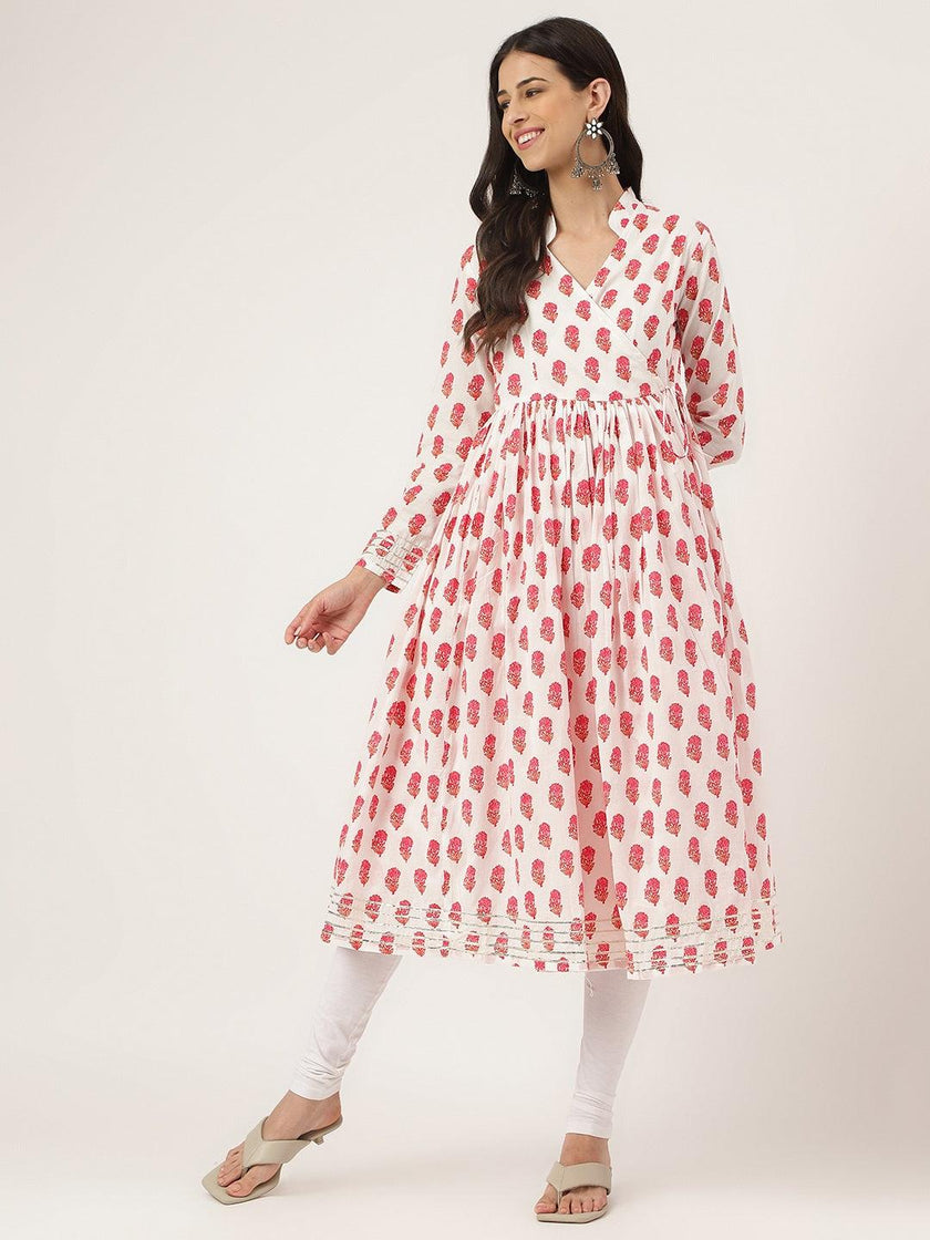 Divena White and Red Floral Printed Angarakha Kurta - divena world