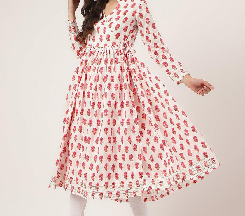 Divena White and Red Floral Printed Angarakha Kurta - divena world