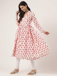 Divena White and Red Floral Printed Angarakha Kurta - divena world