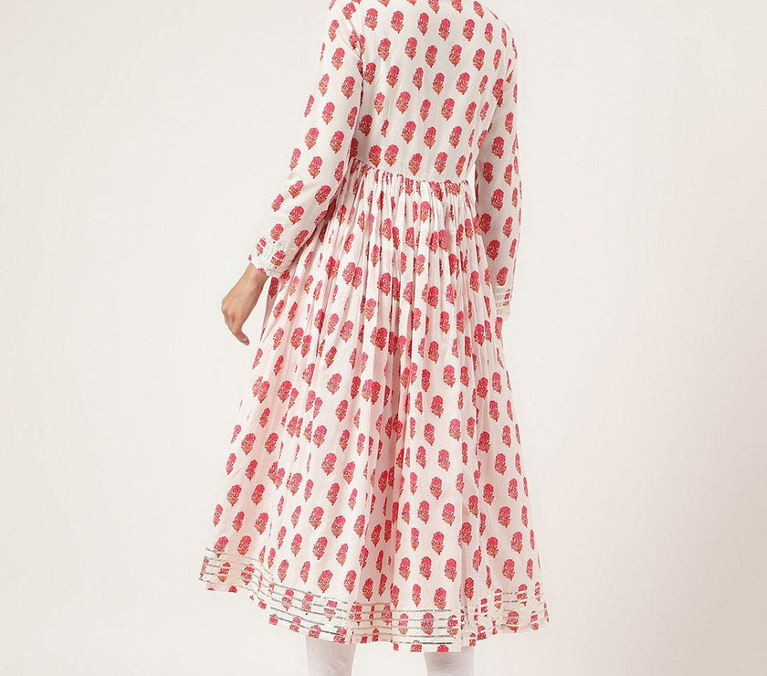 Divena White and Red Floral Printed Angarakha Kurta - divena world