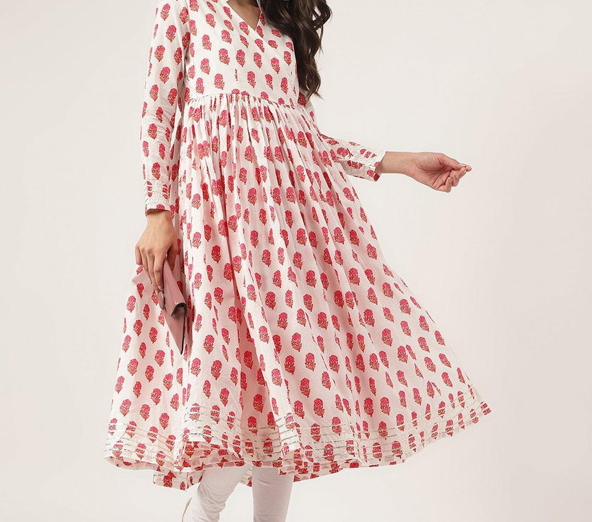 Divena White and Red Floral Printed Angarakha Kurta - divena world