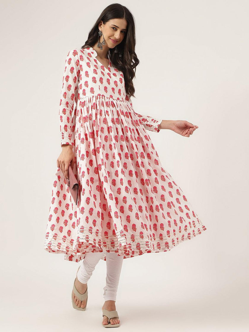 Divena White and Red Floral Printed Angarakha Kurta - divena world