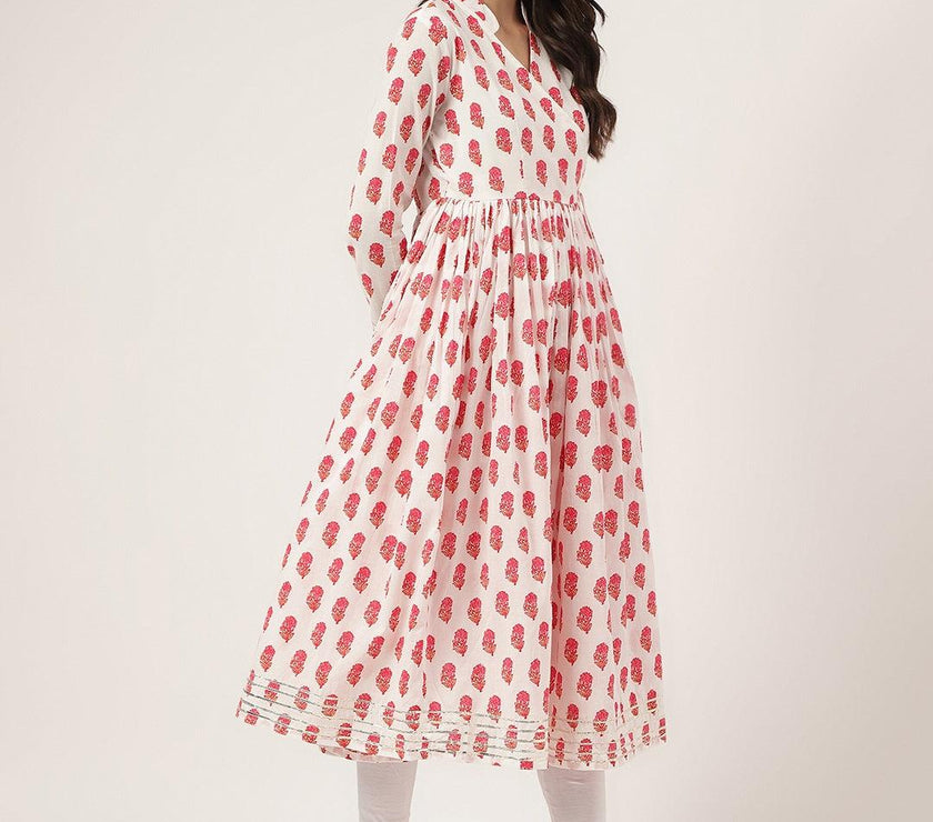 Divena White and Red Floral Printed Angarakha Kurta - divena world