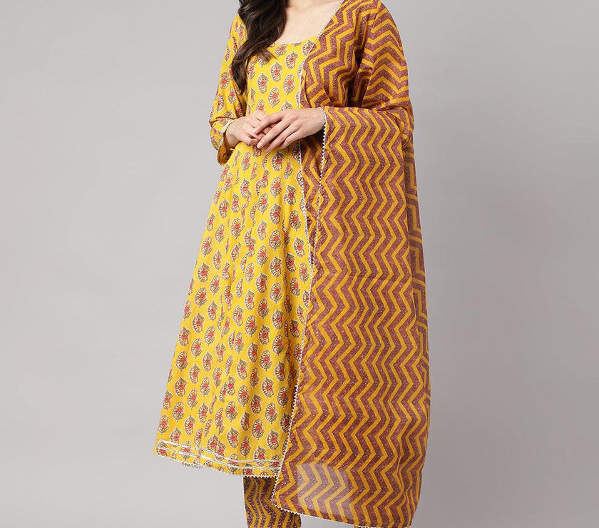 Divena Yellow Cotton Anarkali Kurta Pant Set with Dupatta - divena world