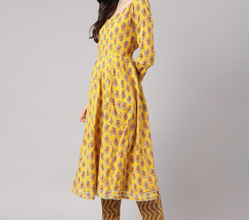 Divena Yellow Cotton Anarkali Kurta Pant Set with Dupatta - divena world