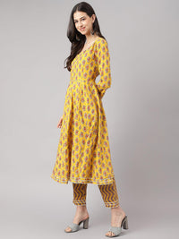 Divena Yellow Cotton Anarkali Kurta Pant Set with Dupatta - divena world