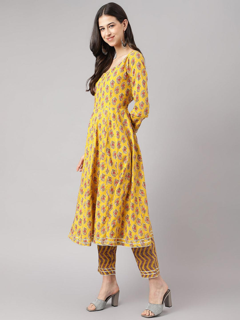 Divena Yellow Cotton Anarkali Kurta Pant Set with Dupatta - divena world