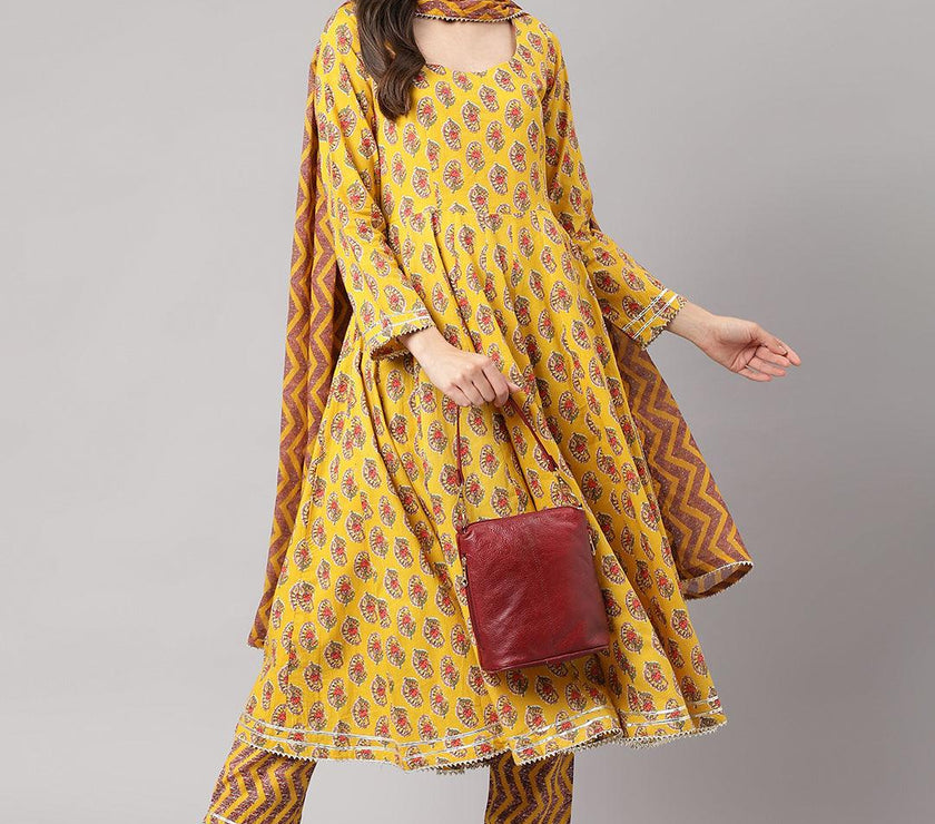 Divena Yellow Cotton Anarkali Kurta Pant Set with Dupatta - divena world