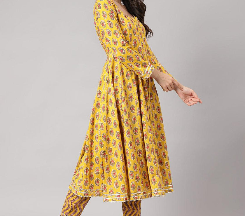 Divena Yellow Cotton Anarkali Kurta Pant Set with Dupatta - divena world