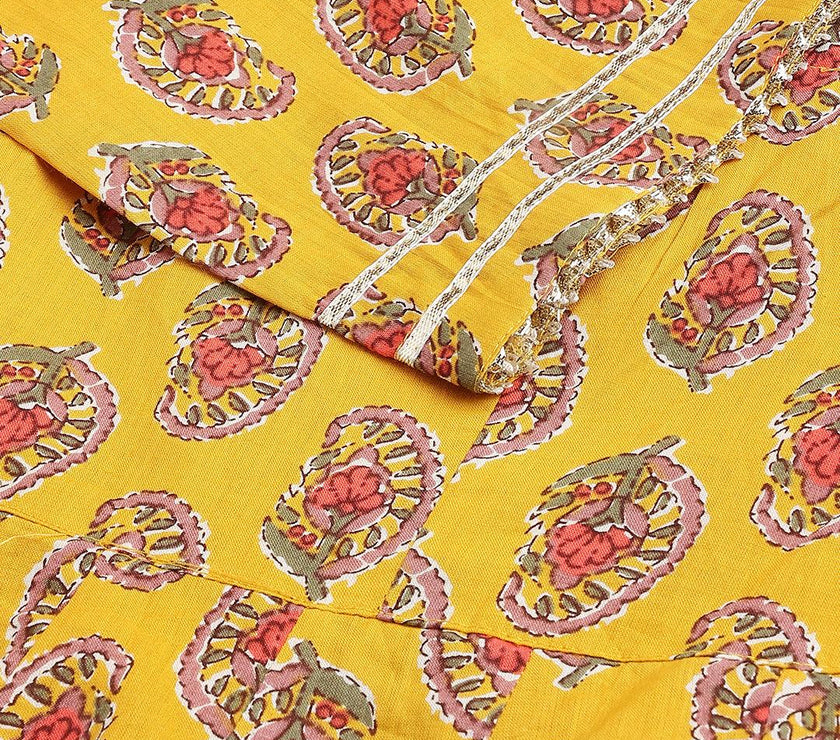 Divena Yellow Cotton Anarkali Kurta Pant Set with Dupatta - divena world