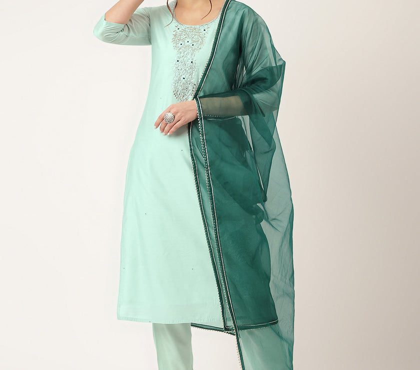 Divena Sea Green Embroidered Chanderi  Kurta, Trouser With Dupatta