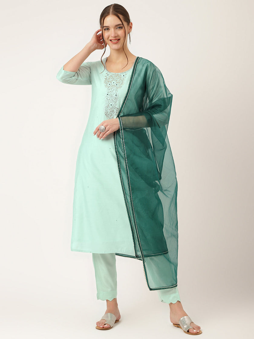 Divena Sea Green Embroidered Chanderi  Kurta, Trouser With Dupatta