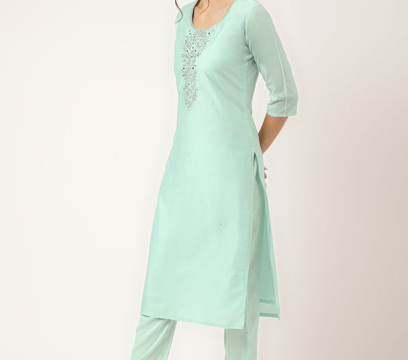 Divena Sea Green Embroidered Chanderi  Kurta, Trouser With Dupatta