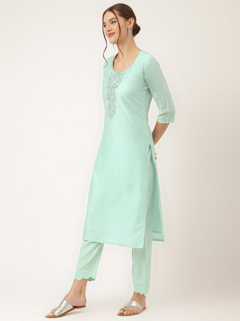 Divena Sea Green Embroidered Chanderi  Kurta, Trouser With Dupatta