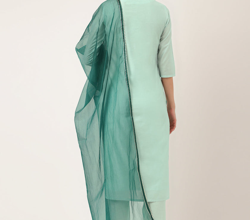 Divena Sea Green Embroidered Chanderi  Kurta, Trouser With Dupatta