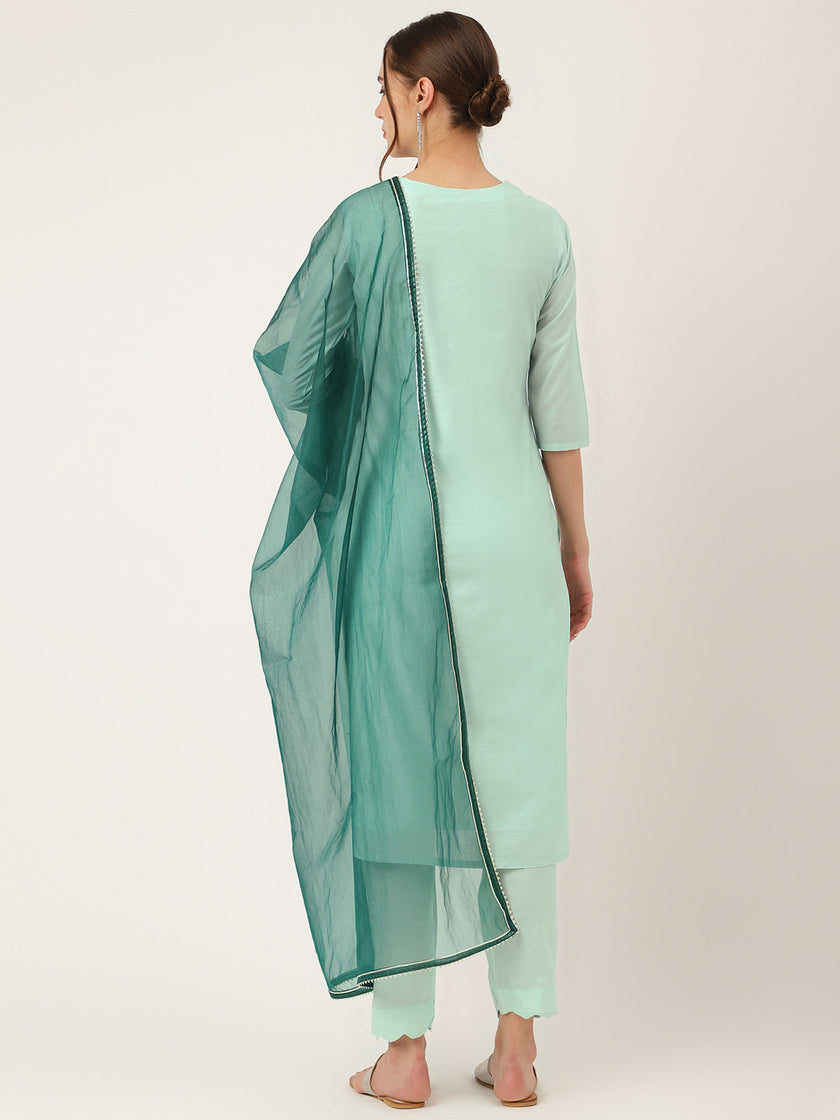 Divena Sea Green Embroidered Chanderi  Kurta, Trouser With Dupatta