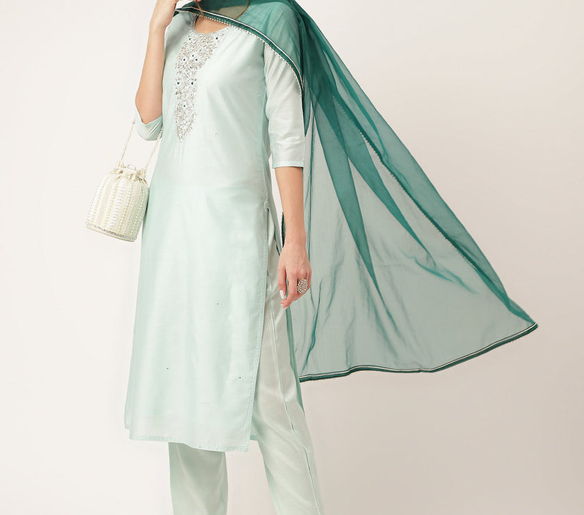 Divena Sea Green Embroidered Chanderi  Kurta, Trouser With Dupatta