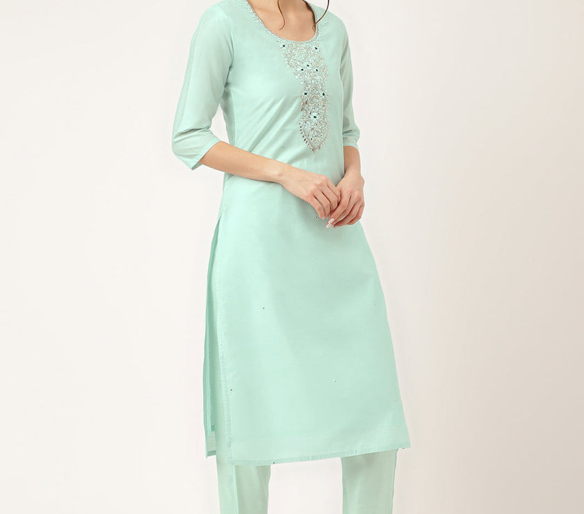 Divena Sea Green Embroidered Chanderi  Kurta, Trouser With Dupatta