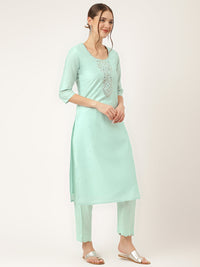 Divena Sea Green Embroidered Chanderi  Kurta, Trouser With Dupatta