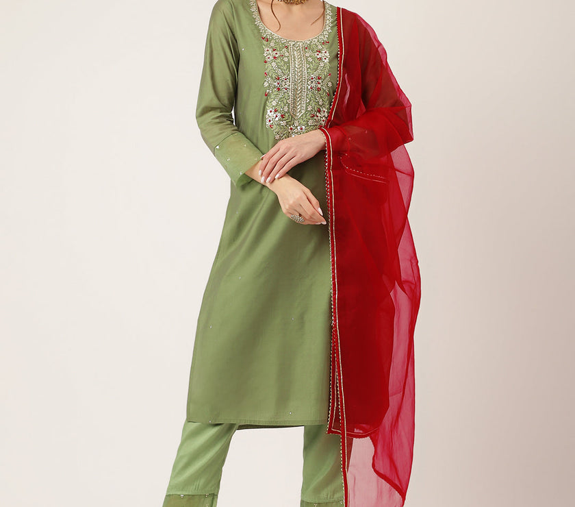 Divena Green Embroidered  Chanderi  Kurta, Trouser With Dupatta