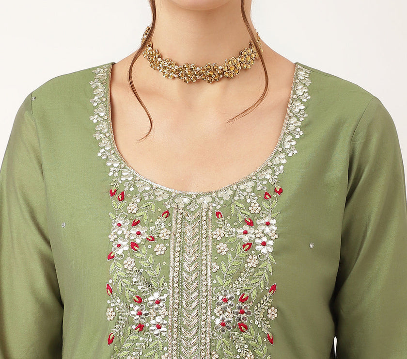 Divena Green Embroidered  Chanderi  Kurta, Trouser With Dupatta