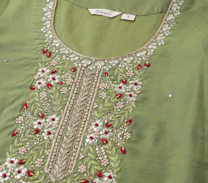 Divena Green Embroidered  Chanderi  Kurta, Trouser With Dupatta