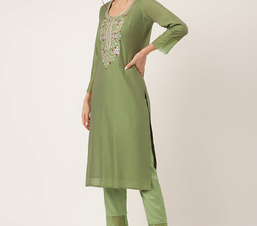 Divena Green Embroidered  Chanderi  Kurta, Trouser With Dupatta