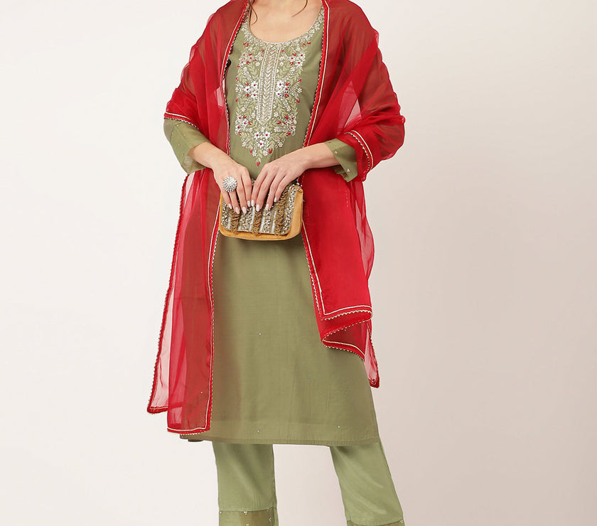 Divena Green Embroidered  Chanderi  Kurta, Trouser With Dupatta