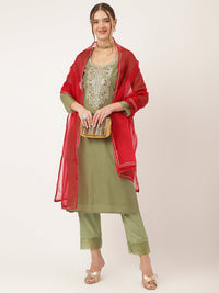 Divena Green Embroidered  Chanderi  Kurta, Trouser With Dupatta