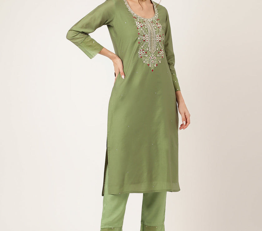 Divena Green Embroidered  Chanderi  Kurta, Trouser With Dupatta