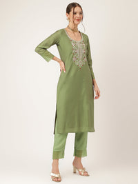 Divena Green Embroidered  Chanderi  Kurta, Trouser With Dupatta