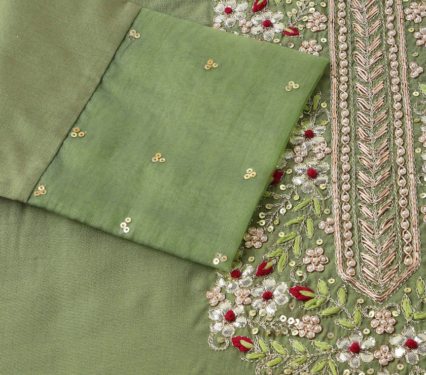 Divena Green Embroidered  Chanderi  Kurta, Trouser With Dupatta