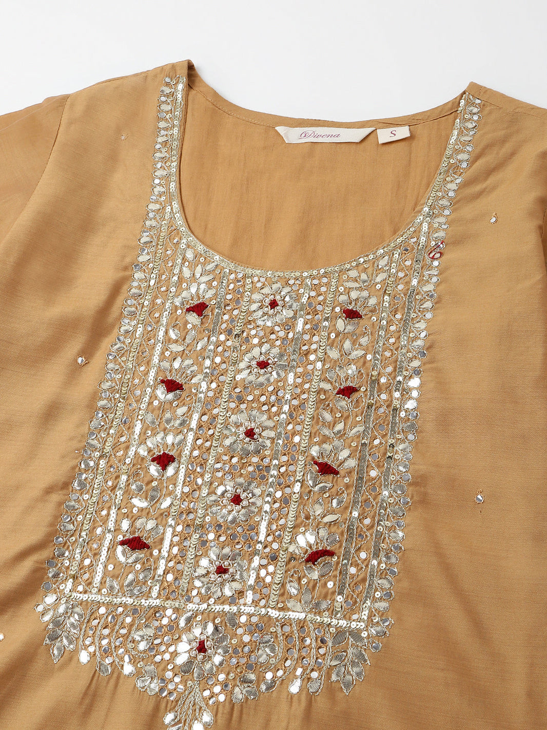 Divena Brown Embroidered Chanderi  Kurta, Trouser With Dupatta