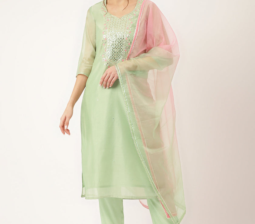 Divena Green Pink Embroidered  Chanderi  Kurta, Trouser With Dupatta