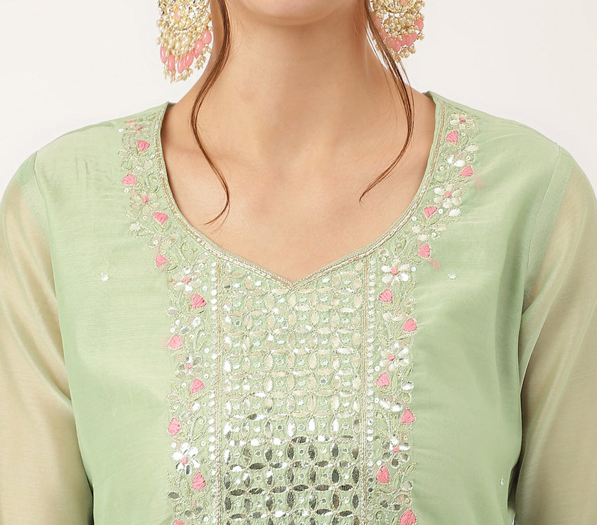 Divena Green Pink Embroidered  Chanderi  Kurta, Trouser With Dupatta