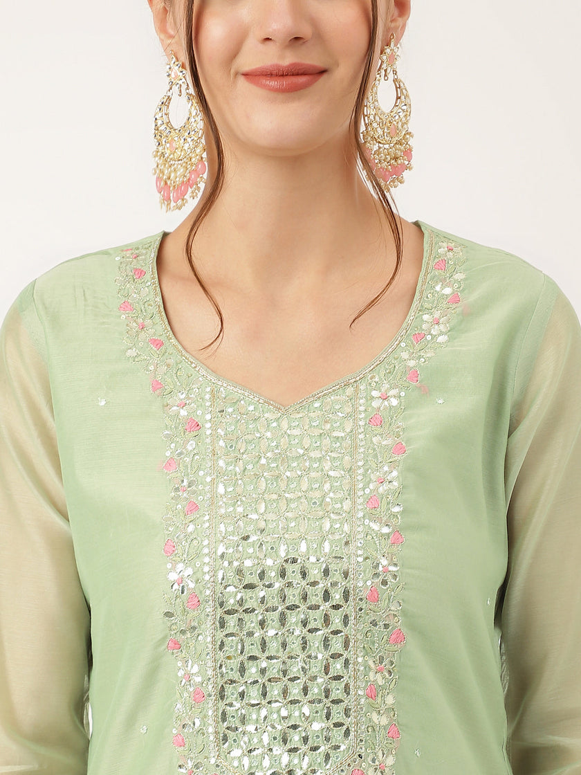 Divena Green Pink Embroidered  Chanderi  Kurta, Trouser With Dupatta