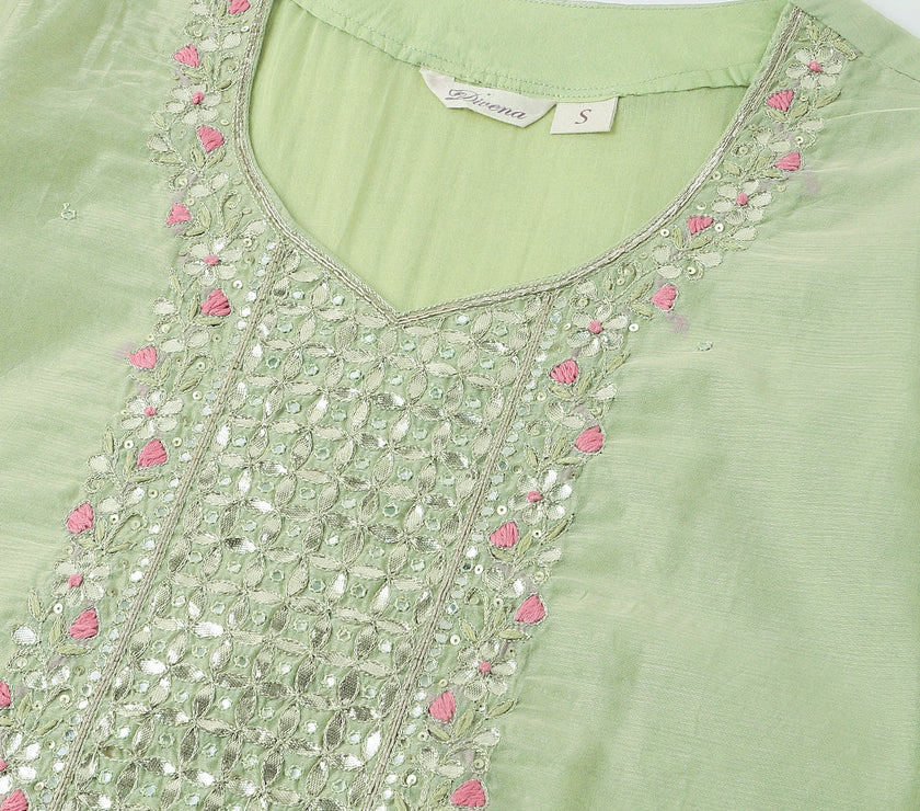 Divena Green Pink Embroidered  Chanderi  Kurta, Trouser With Dupatta