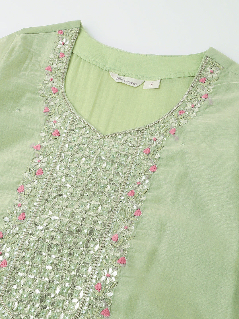 Divena Green Pink Embroidered  Chanderi  Kurta, Trouser With Dupatta