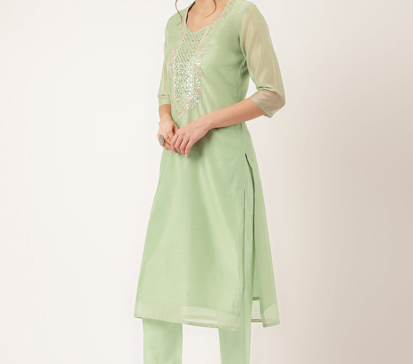 Divena Green Pink Embroidered  Chanderi  Kurta, Trouser With Dupatta