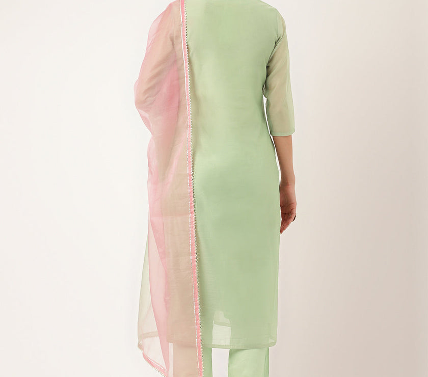 Divena Green Pink Embroidered  Chanderi  Kurta, Trouser With Dupatta